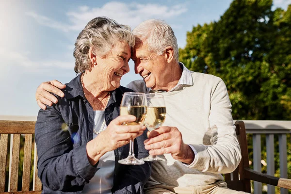 Wiele Szczęśliwych Dni Które Nadejdą Szczęśliwa Para Seniorów Wznosząca Toast — Zdjęcie stockowe