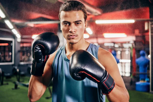Fitness, sports or motivation man boxer in gym studio with gloves for training, cardio workout or exercise. Focus, mma portrait or male athlete in boxing ring with goal vision, health or fight energy.