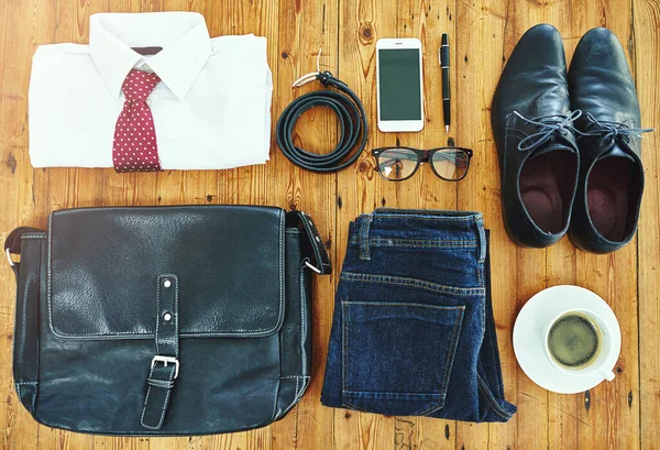 Ready Business Trip Businessmans Essentials Laid Out Packed Business Trip — Stock Photo, Image