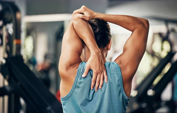 Fitness Man Stretching Back Gym Health Wellness Flexibility Sports Warm — Stock Photo, Image