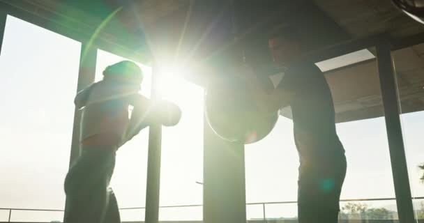Lenslerde Kadın Boksörle Spor Salonu Sağlık Eğitimi Boks Torbası Egzersizi — Stok video
