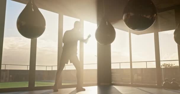 Homme Kickboxing Entraînement Avec Sac Boxe Dans Gymnase Pour Forme — Video