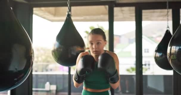 Женщина Боксер Портрет Улыбки Фитнеса Физических Упражнений Тренировки Готовы Бою — стоковое видео