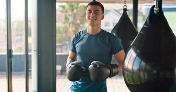 Boxer Ünnepelni Fitness Siker Tornaterem Bokszzsák Bicepsz Flex Portré Boldog — Stock videók