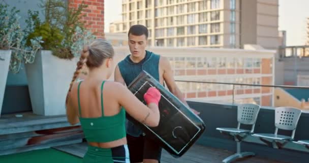 Man Woman Kickboxing Fitness Training Personal Trainer Canada City Rooftop — Stock Video
