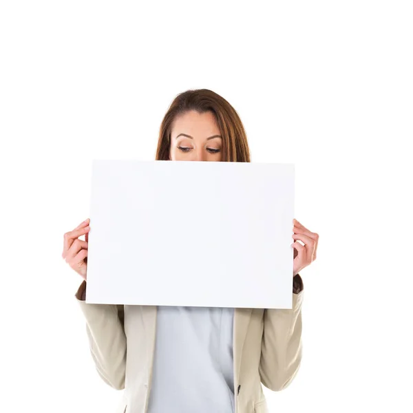 Yours Display Studio Shot Young Businesswoman Holding Blank Field White — Stock Photo, Image