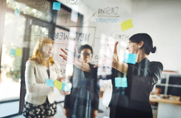 Heres Plan Three Businesswoman Using Glass Wipe Board Brainstorming Session — Stock Photo, Image