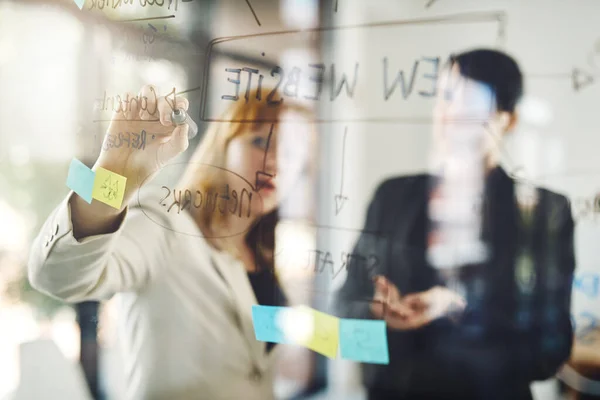 Two Heads Better One Two Businesswoman Using Glass Wipe Board — Stock Photo, Image