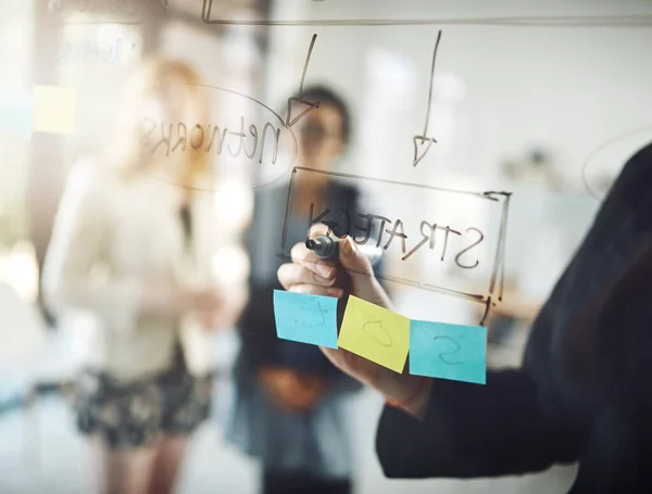 Focused End Goal Three Businesswoman Using Glass Wipe Board Brainstorming — Stock Photo, Image