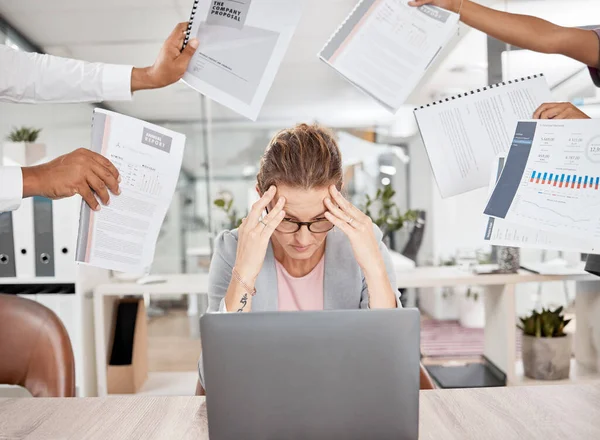 Stress, burnout and woman with a headache from paperwork deadline and overwhelmed from multitasking workload. Fatigue and frustrated employee with anxiety from office admin and time management chaos.