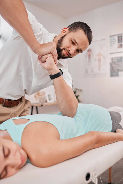 Woman with chiropractor, physiotherapy and a spine massage back pain relief, spinal alignment and lower back pain. Physical therapy clinic, physiotherapist and physio help medical injury or scoliosis.