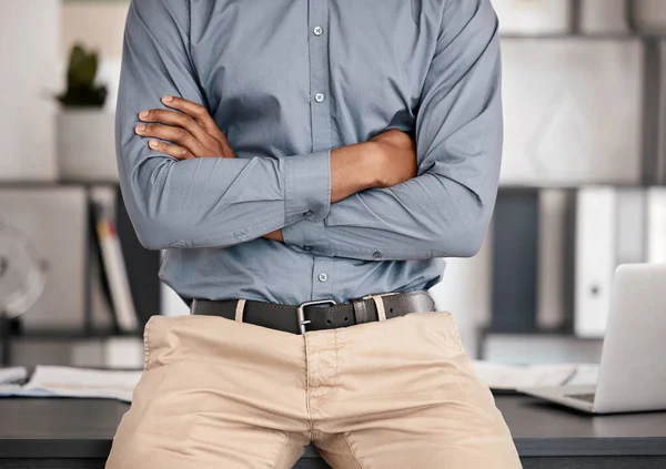 Business man, arms crossed and corporate manager, financial leadership or trader in modern office. Closeup crossed arms of businessman ceo or accountant working with pride on goals in startup company.