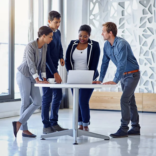 stock image Their like minded colleagues. a group of coworkers working together on a laptop in an office