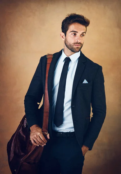 Career Goals Studio Shot Handsome Young Businessman Posing Brown Background — Stock Photo, Image