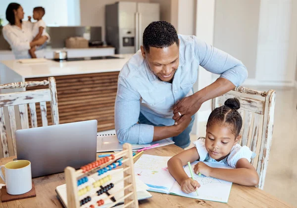 stock image Creative, art and learning with father and girl and paper at table for study, education and paint or color in notebook. Help, happy and math with dad and student in family home writing for homework.