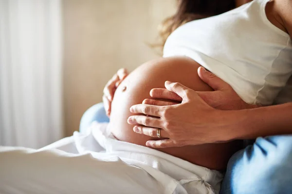 Feeling Baby Kick Closeup Shot Husband Wife Holding Her Pregnant — Stock Photo, Image