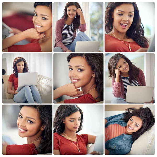 She loves being online. Composite image of an attractive young woman relaxing at home