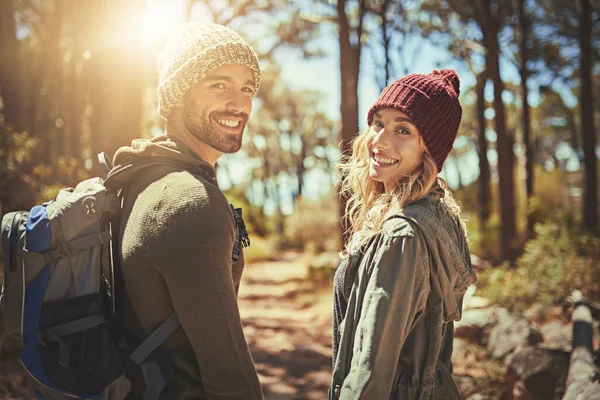 Ever Wonder Why Wander Rearview Shot Affectionate Young Couple Hiking — Stock Photo, Image