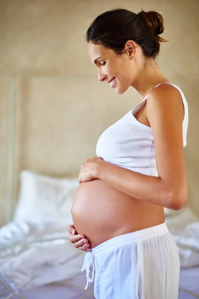 Shes Growing Glowing Pregnant Woman Holding Her Belly — Stock Photo, Image