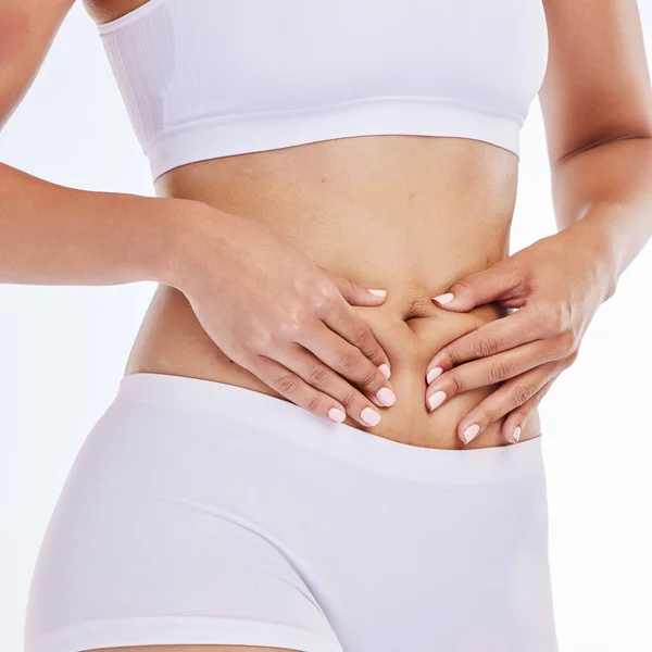 Stomach Tummy Tuck Woman Hands Body Diet Fitness Gut Health — Stock Photo, Image
