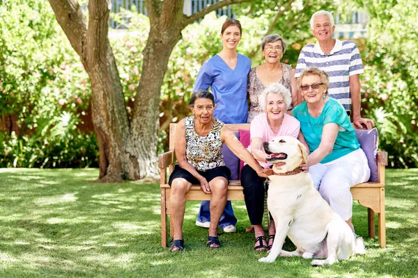 They live life with vitality. Portrait of a group of smiling seniors and a nurse outside with a labrador