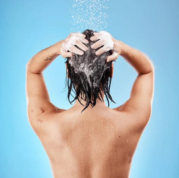 Shower Hair Shampoo Woman Cleaning Using Water Haircare Studio Blue — Stock Photo, Image