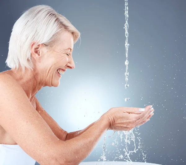 Skincare Happy Senior Woman Water Face Beauty Hydration Grey Studio — Stock Photo, Image
