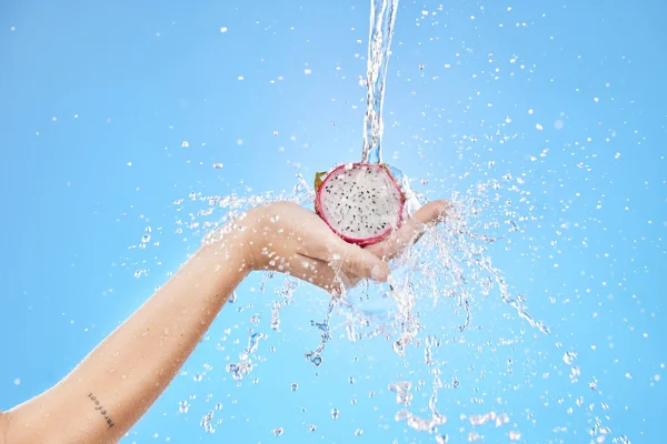 Woman, hands and water splash for clean dragon fruit on blue background in studio for healthcare wellness, skincare diet or nutrition. Zoom, water drop and liquid motion on tropical pitaya for model.