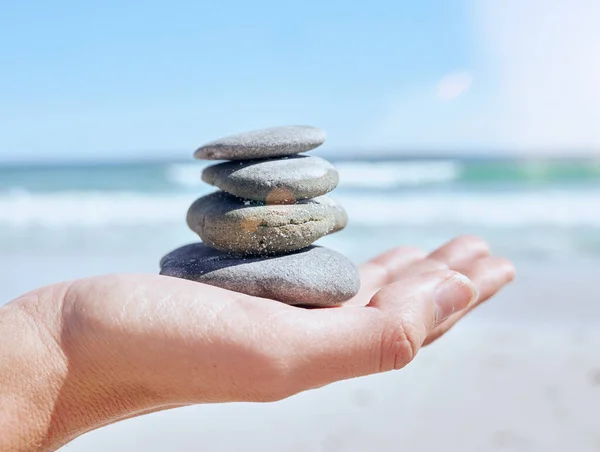 Hand Stones Pile Beach Woman Holding Little Rocks Ocean Balance — Stock Photo, Image