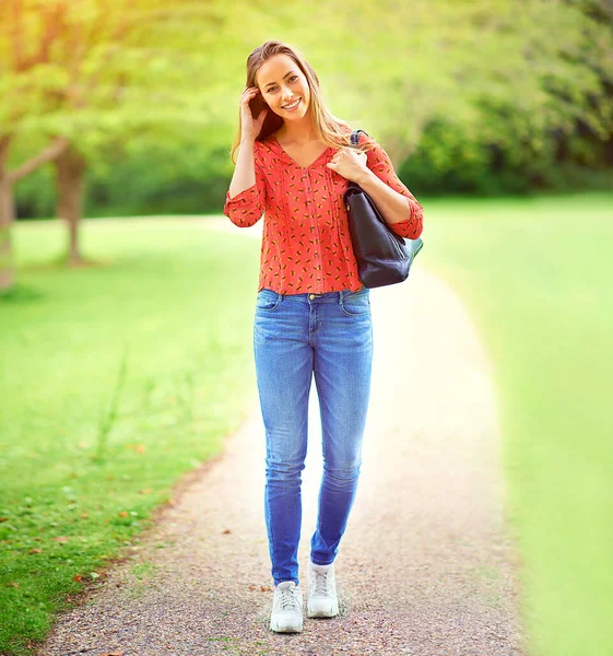 Being Outdoors Always Puts Smile Face Young Woman Walk Park — Stock Photo, Image