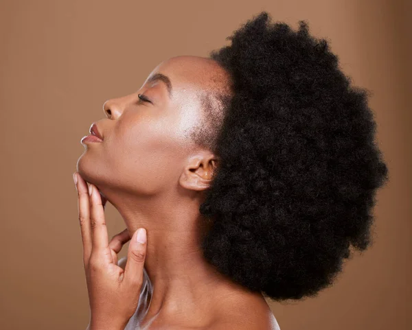 黑人妇女非洲裔 美容美发沙龙 皮肤护理或化妆品与棕色工作室背景 非洲裔美国女性在放松 健康和健康护理方面的头发治疗模式 — 图库照片