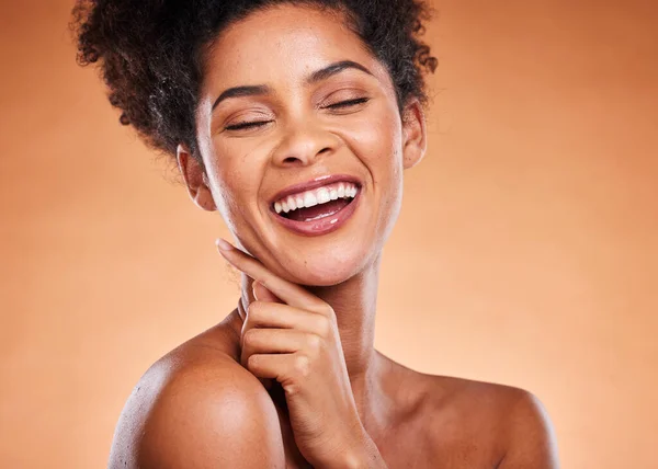 Face Teeth Beauty Black Woman Eyes Closed Studio Orange Background — Stock Photo, Image