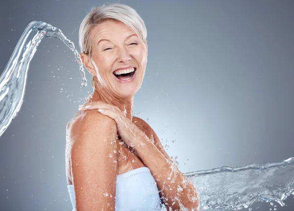 Water Splash Health Portrait Senior Woman Laughing Happy Gray Background — Stock Photo, Image