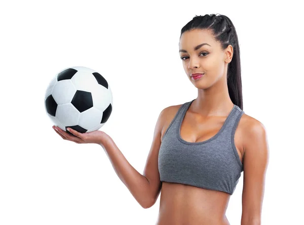 Que Tal Contra Retrato Recortado Uma Jogadora Futebol Feminina Isolada — Fotografia de Stock