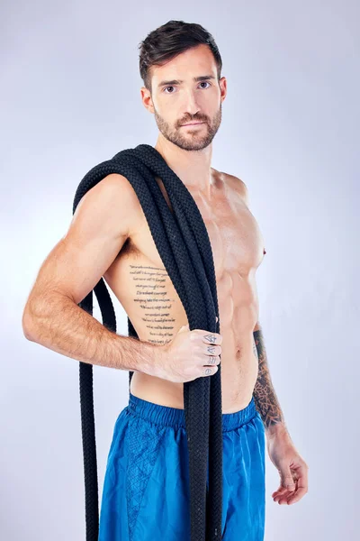 Fitness Battle Ropes Health Man Athlete Studio Gray Background Exercise — Stock Photo, Image