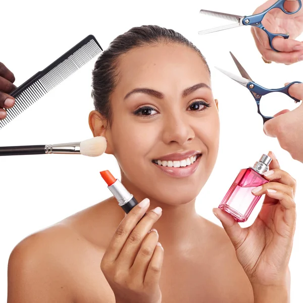 Beauty Time Studio Shot Young Woman Surrounded Beauty Style Products — Stock Photo, Image