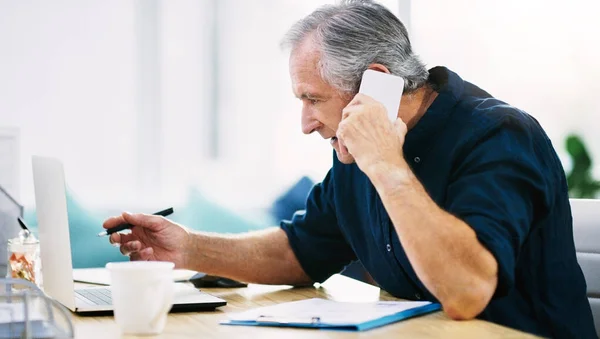stock image Phone call, stress and mature man with laptop and budget report, problem or glitch in fintech ux. Home finance, crm and online payment planning, man in retirement on phone with advisory helpline