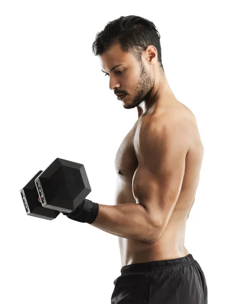 Jobbar Med Biceps Studio Skott Passform Ung Man Lyfta Hantel — Stockfoto