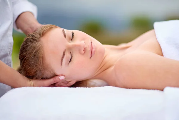 Feeling Serene Silence Young Woman Enjyoing Massage Day Spa — Stock Photo, Image