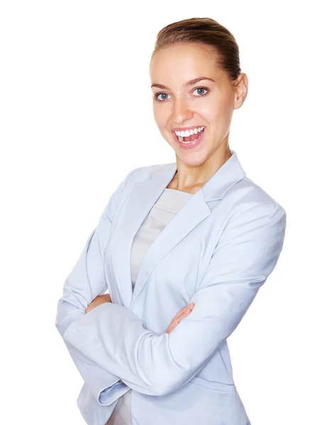 Szczęśliwa Kobieta Biznesu Przedsiębiorca Odizolowany Białym Portret Uśmiechniętej Młodej Biznesmenki — Zdjęcie stockowe