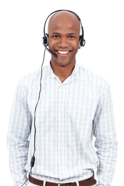 Підтримка Клієнта Посмішкою Портрет Усміхненого Африканського Американця Телефонним Заголовком — стокове фото