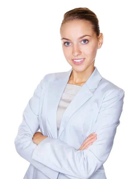 Glücklicher Manager Mit Gefalteten Händen Auf Weißem Grund Lächelnde Weibliche — Stockfoto