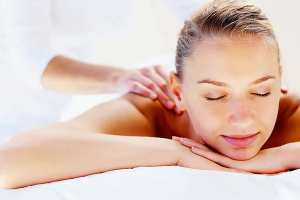 Serene Woman Receiving Shoulder Massage Day Spa Portrait Serene Woman — Stock Photo, Image