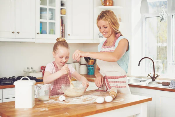 Adding Secret Ingredient Cute Little Girl Baking Kitchen Her Mom — Stock Photo, Image