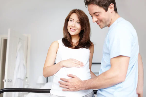 Proud Parents Young Man Touching His Pregnant Wifes Stomach While — Stock Photo, Image