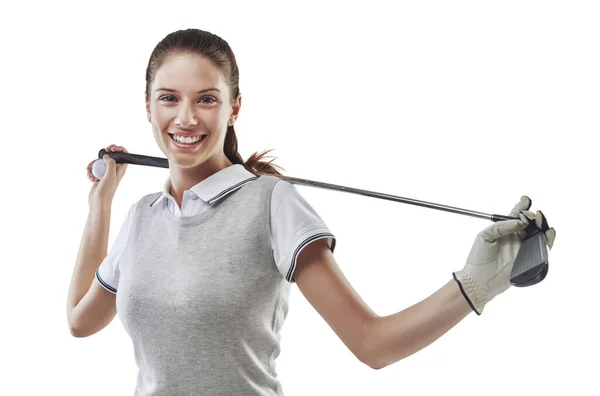 Estás Pronto Para Outra Ronda Estúdio Tiro Jovem Golfista Segurando — Fotografia de Stock