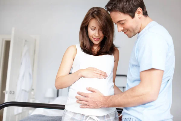 Hopes Its Boy Young Man Touching His Pregnant Wifes Stomach — Stock Photo, Image