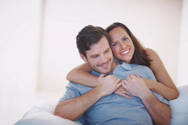 Surprising Her Husband Some Affection Loving Young Wife Hugging Her — Stock Photo, Image