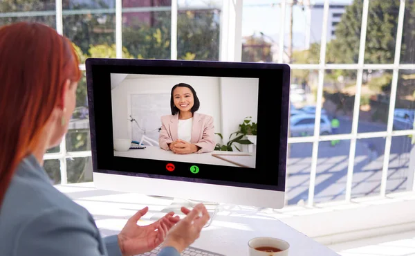 Video call, computer and business woman in office, video conference or remote meeting. Business meeting, discussion or employee in webinar, interview video chat or online sales workshop in workplace.