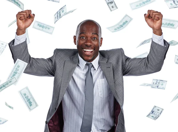 Bom Negócio Paga Sempre Retrato Recortado Empresário Aplaudindo Como Dinheiro — Fotografia de Stock